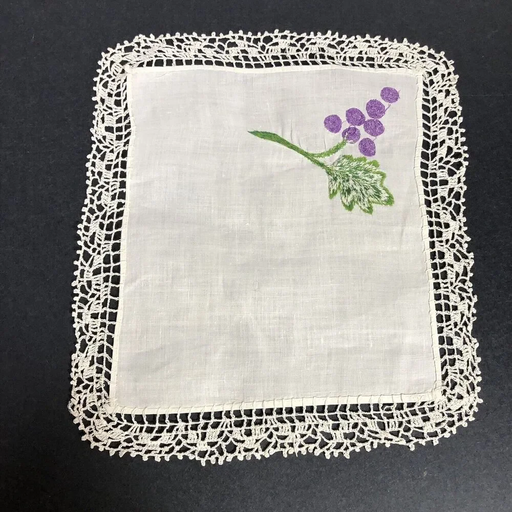 Vintage Small Table Topper Linens Square Purple Grapes Red Flowers Crochet Edge